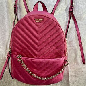 VICTORIA SECRET Faux Leather Hot Pink Mini Backpack Chain Accent Purse